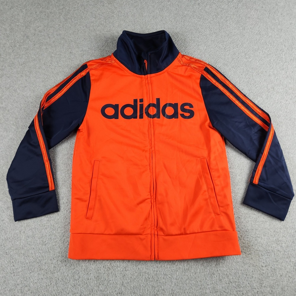 Adidas Track Jacket Unisex Kids 7 Orange Navy Blue 3-Stripe Sport Full Zip Logo